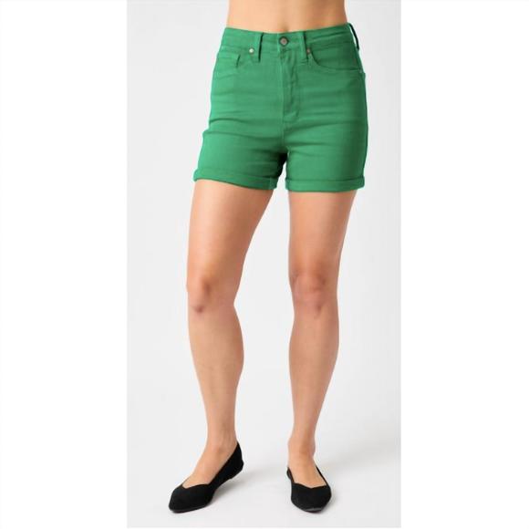 NEW JUDY BLUE high waist tummy control garment dyed shorts in kelly green - Picture 1 of 4